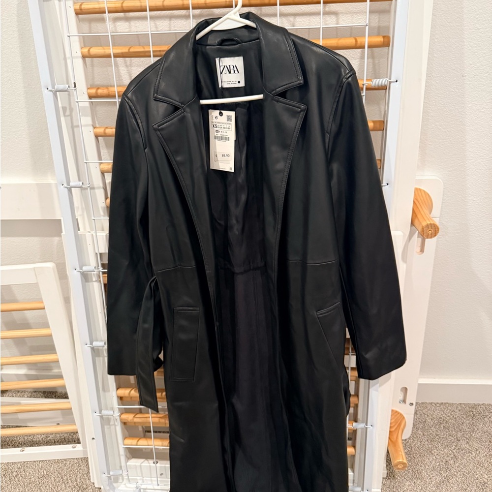 Zara Black Long Faux Leather Trench Coat
